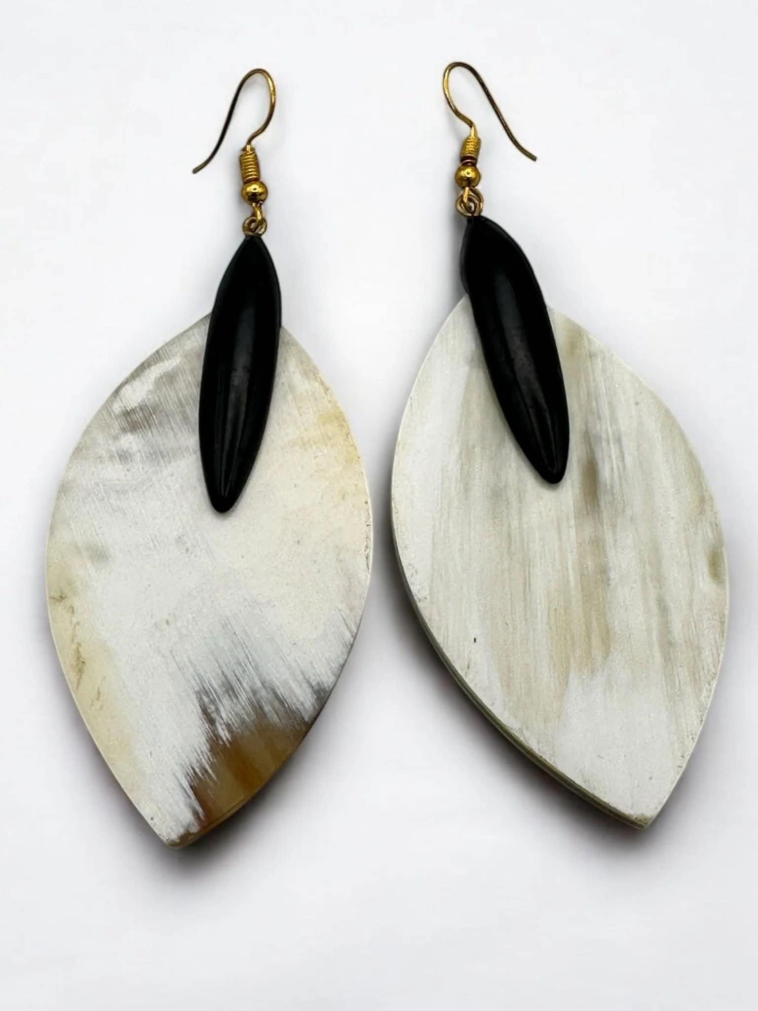 Black and ivory leaf-shaped drop earrings